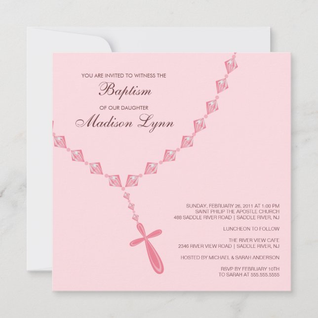 Invitación Bautismo rosado Inviation de la niña de la gota (Anverso)
