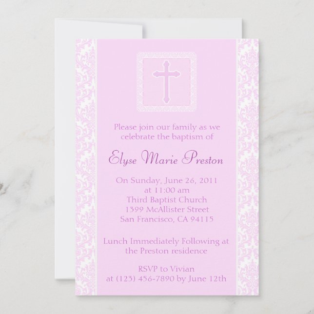 Invitación Bautismo rosado/Invitación a la cristiandad (Anverso)
