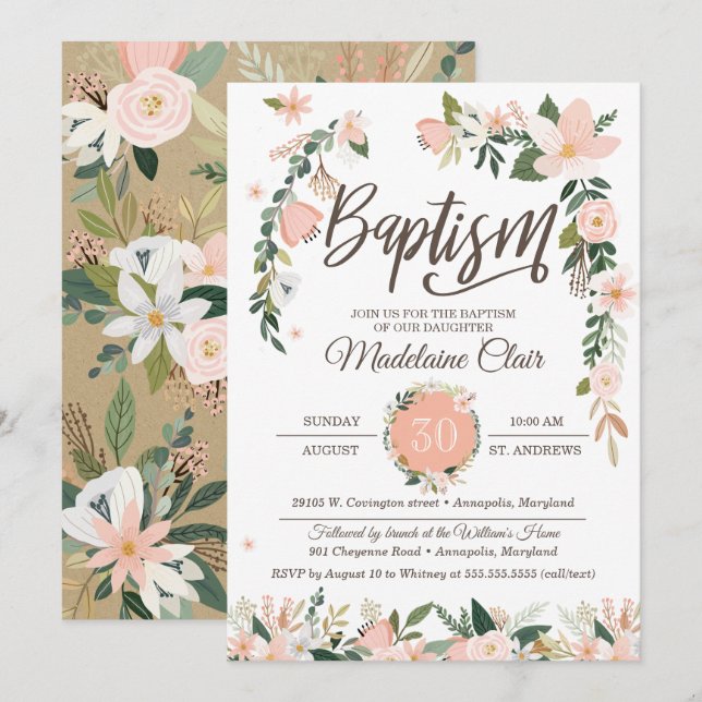 Invitación Bautismo rosado y blanco de Rubor floral (Anverso / Reverso)