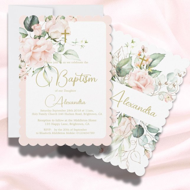 Invitación Bautismo Rosas cristianos rosado elegante religios (Subido por el creador)