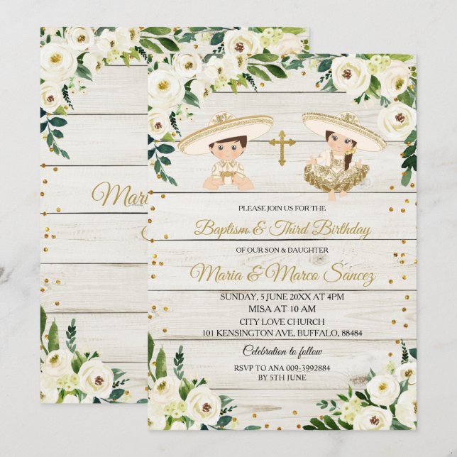 Invitación Bautismo ruso gemelo mexicano y tercer cumpleaños (Anverso / Reverso)