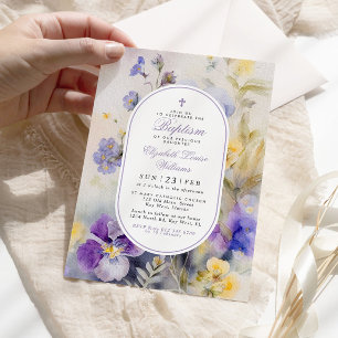 Invitación Bautismo rustico elegante morado y amarillo con fl