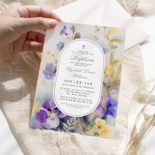 Invitación Bautismo rustico elegante morado y amarillo con fl (Subido por el creador)