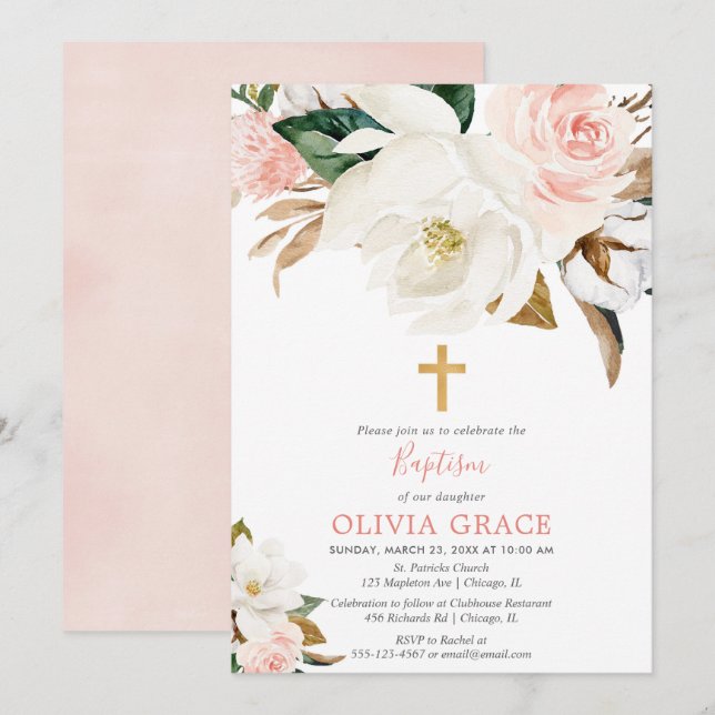 Invitación Bautismo rústico floral blanco rosado del chica de (Anverso / Reverso)