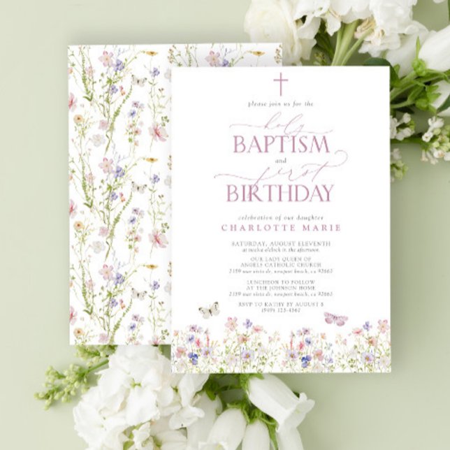 Invitación Bautismo sagrado de flor silvestre y escritura ros (Easily personalize this baptism and first birthday invite with your personal details.)