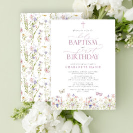 Invitación Bautismo sagrado de flor silvestre y escritura ros