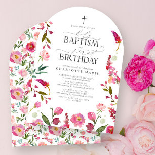 Invitación Bautismo sagrado y acuarela floral rosada de prime
