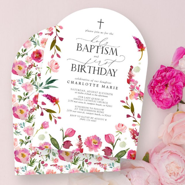 Invitación Bautismo sagrado y acuarela floral rosada de prime (Subido por el creador)