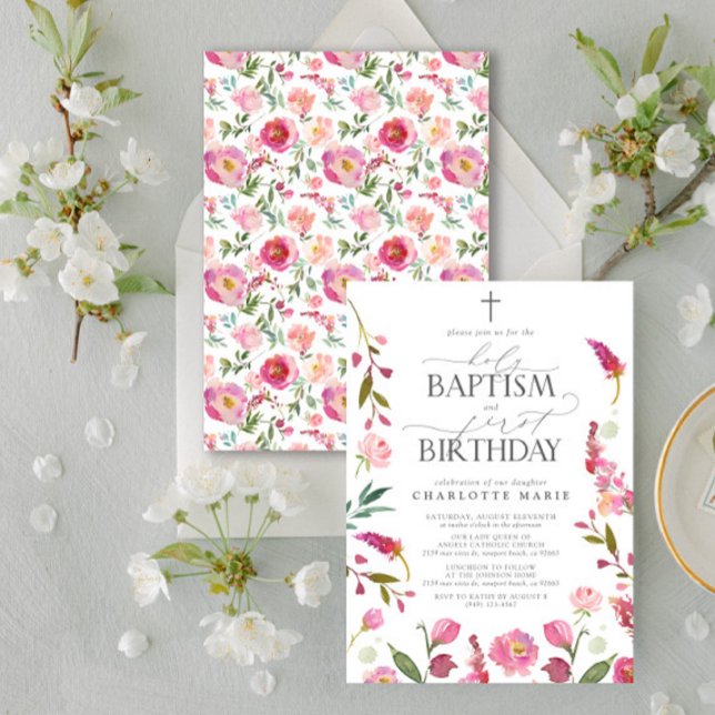 Invitación Bautismo sagrado y acuarela floral rosada de prime (Easily personalize this baptism and first birthday invite with your personal details.)