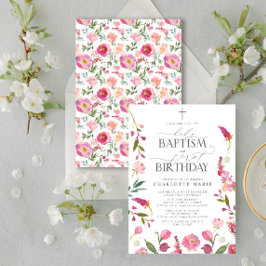 Invitación Bautismo sagrado y acuarela floral rosada de prime