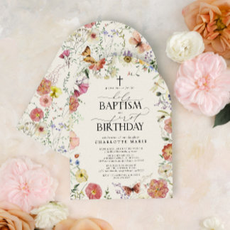 Invitación Bautismo sagrado y Chica floral de color acuático 