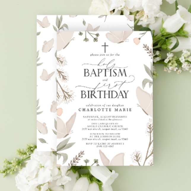 Invitación Bautismo sagrado y flor de mariposas de primer cum (1st Birthday Invitation)