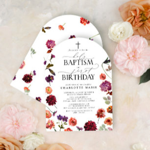 Invitación Bautismo sagrado y floral acuarela de primer cumpl
