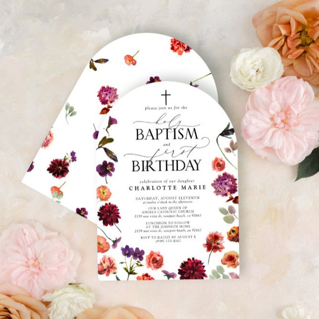 Invitación Bautismo sagrado y floral acuarela de primer cumpl (Subido por el creador)