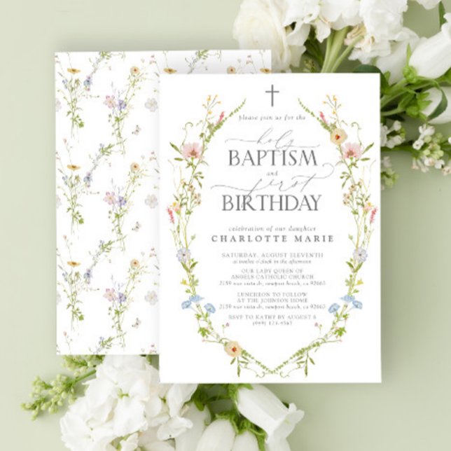 Invitación Bautismo sagrado y naturaleza de la flor silvestre (Easily personalize this baptism and first birthday invite with your personal details.)