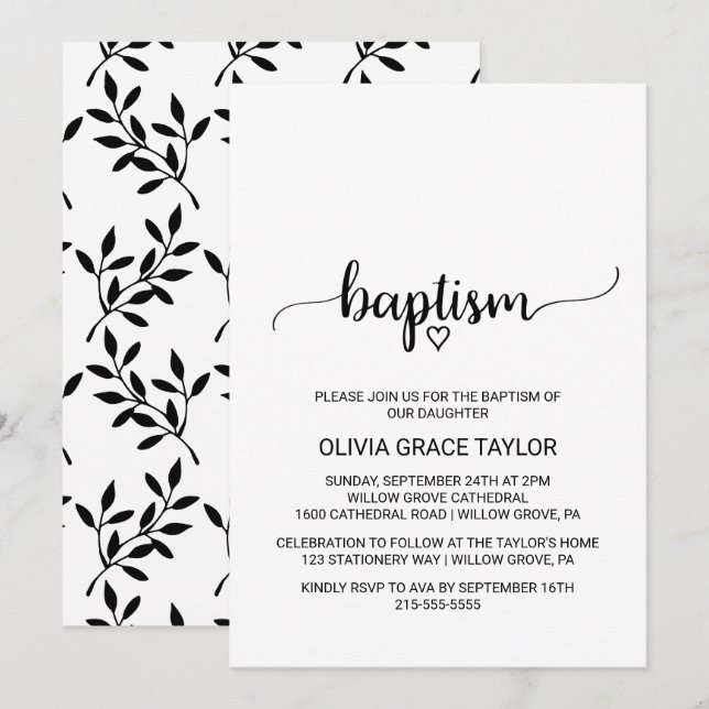 Invitación Bautismo simple de caligrafía blanca y negra (Anverso / Reverso)