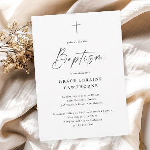 Invitación Bautismo Simple de Escritura Moderna en Blanco y N