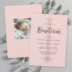 Invitación Bautismo simple entre rosados y cristianos con fot