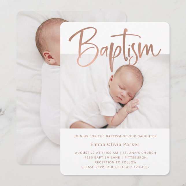 Invitación Bautismo | Simple minimalista oro Rosa con dos fot (Anverso / Reverso)