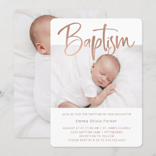 Invitación Bautismo  Simple Rosa mínimo Gold con dos fotos