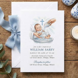 Invitación Bautismo Tradicional de Niño con Concha Azul y Cru