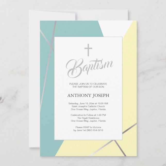 Invitación Bautismo verde amarillo y menta (Anverso)
