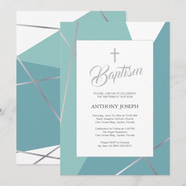 Invitación Bautismo verde azul y menta (Anverso / Reverso)