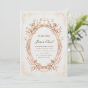 Invitación Bautismo Vintage Renacimiento Querubín Rosa