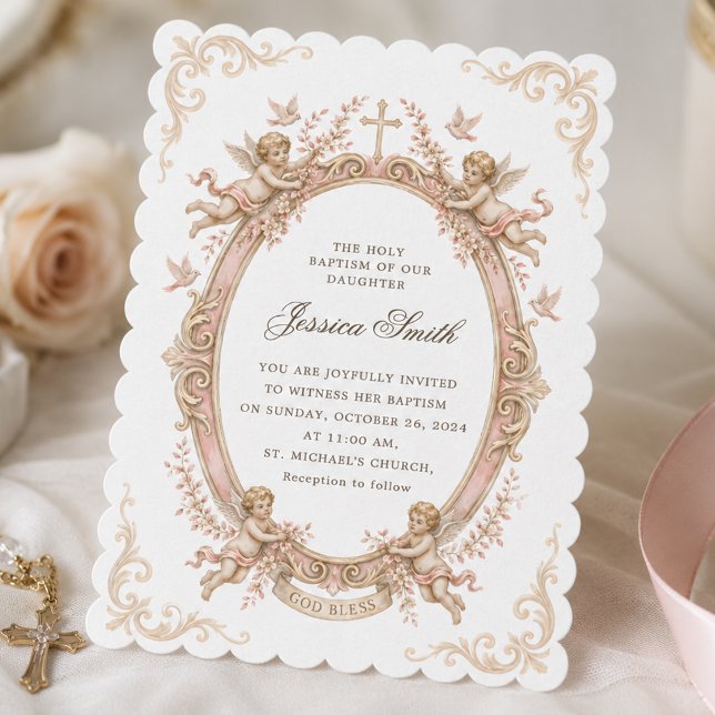 Invitación Bautismo Vintage Renacimiento Querubín Rosa  (Subido por el creador)
