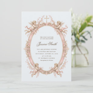 Invitación Bautismo Vintage Renacimiento Querubín Rosa