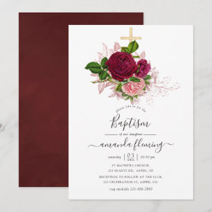 Invitación Bautismo Vintage Shabby-Chic Rosa y Borgoña