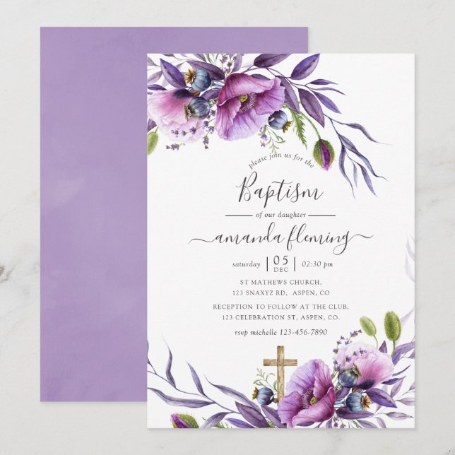 Invitación Bautismo violeta morado con amapola floral (Anverso / Reverso)