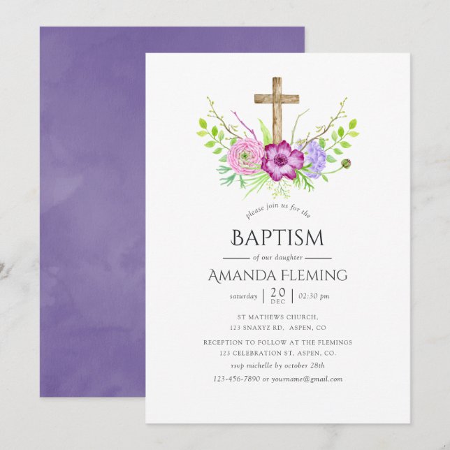 Invitación Bautismo violeta y floral de ciruelas o cristianis (Anverso / Reverso)