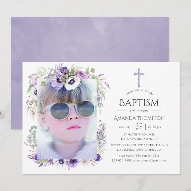 Invitación Bautismo violeta y seco o cristianismo (Anverso / Reverso)