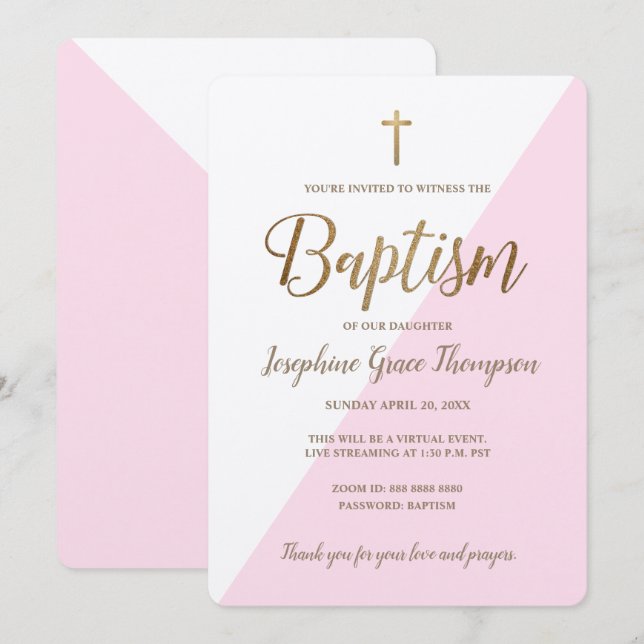Invitación Bautismo virtual de la Cruz de Oro Blanco Rosa Mod (Anverso / Reverso)