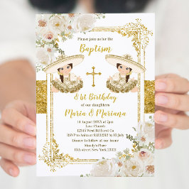 Invitación Bautismo y cumpleaños con dos gemelos florales bla