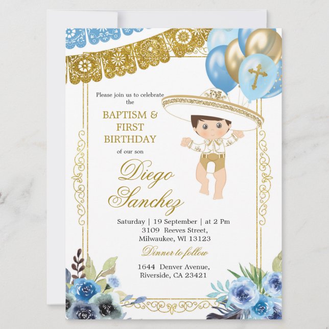 Invitación Bautismo y cumpleaños de cariro azul y oro mexican (Anverso)