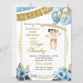 Invitación Bautismo y cumpleaños de cariro azul y oro mexican