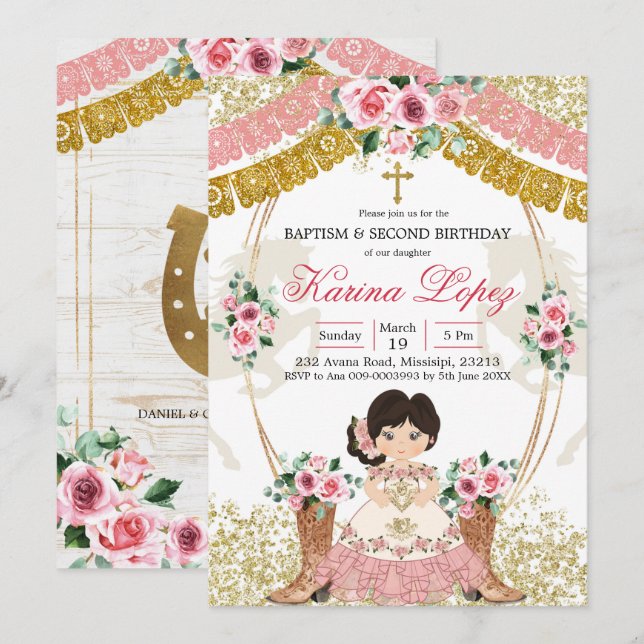 Invitación Bautismo y cumpleaños de Charra de arranque rosa e (Anverso / Reverso)