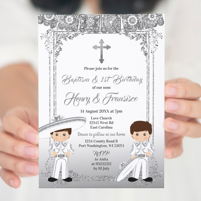 Invitación Bautismo y cumpleaños de gemelo plateado mexicano (Subido por el creador)