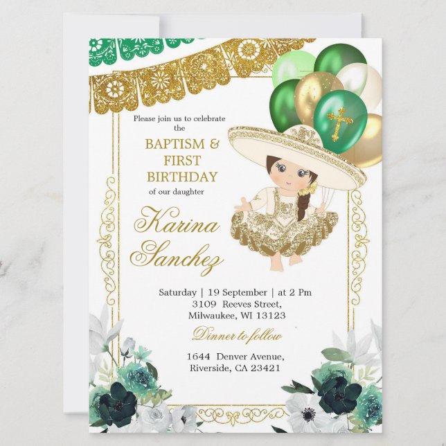 Invitación Bautismo y cumpleaños de la Chica de oro verde mex (Anverso)
