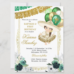 Invitación Bautismo y cumpleaños de la Chica de oro verde mex