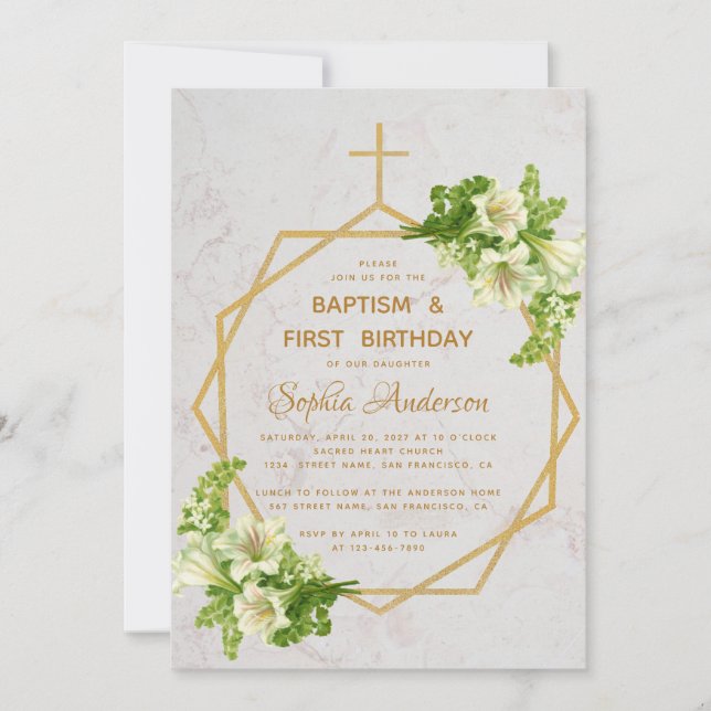 Invitación Bautismo y cumpleaños de oro Lirios Mármol Floral (Anverso)