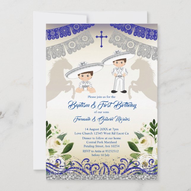 Invitación Bautismo y cumpleaños de Silver y Navy Blue Boy (Anverso)