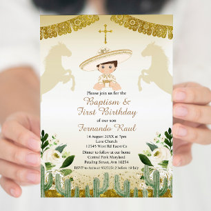 Invitación Bautismo y cumpleaños de un chico de Fiesta de Oro