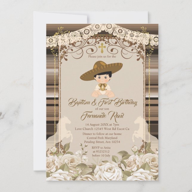 Invitación Bautismo y cumpleaños de un niño marrón mexicano  (Anverso)