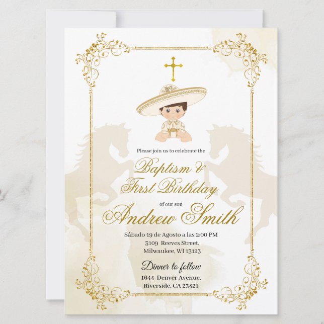 Invitación Bautismo y cumpleaños del charro de oro español me (Anverso)