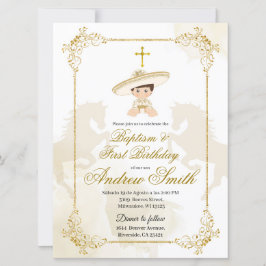 Invitación Bautismo y cumpleaños del charro de oro español me