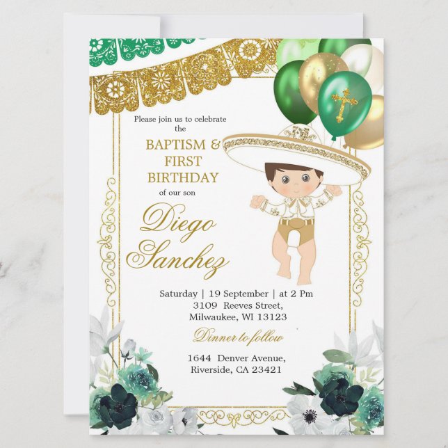 Invitación Bautismo y cumpleaños del charro de oro verde mexi (Anverso)