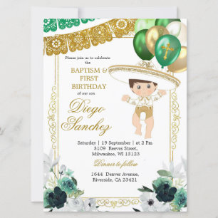 Invitación Bautismo y cumpleaños del charro de oro verde mexi